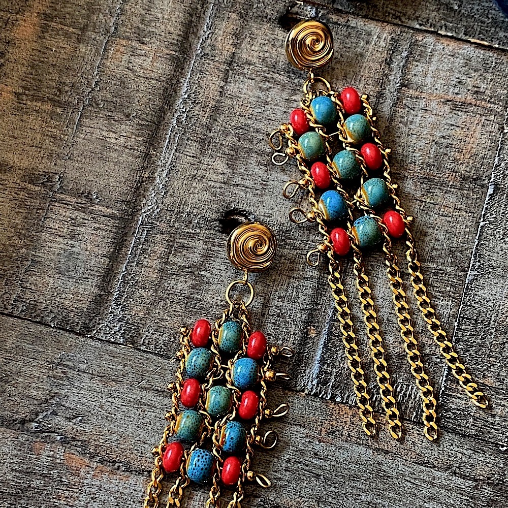 NEW Ceramic Beaded Gold Tassel Earrings - Picture 6 of 13